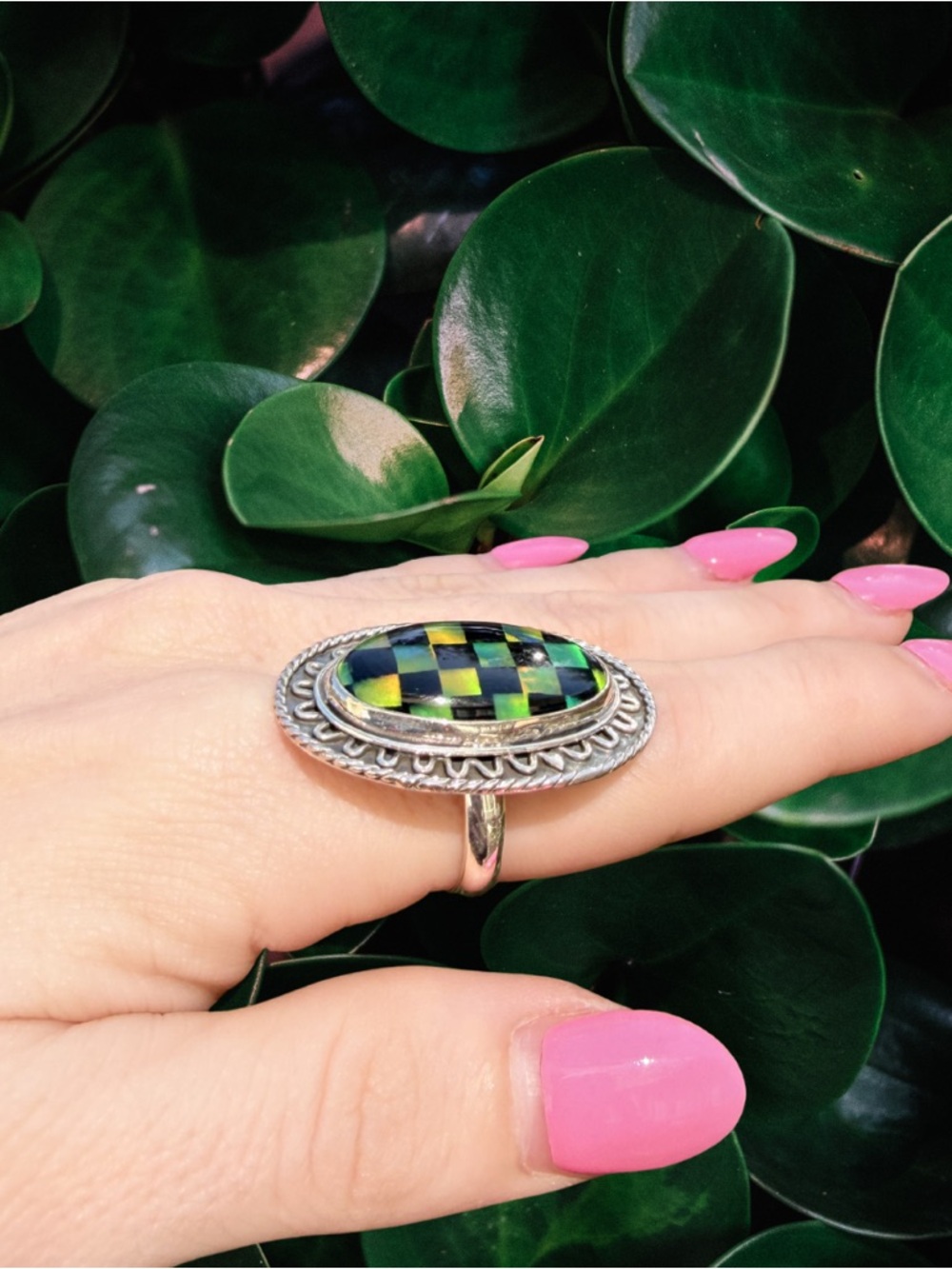 Green Opal Checkered Adjustable Ring | 925 Sterling Silver | Collector’s Item ✨